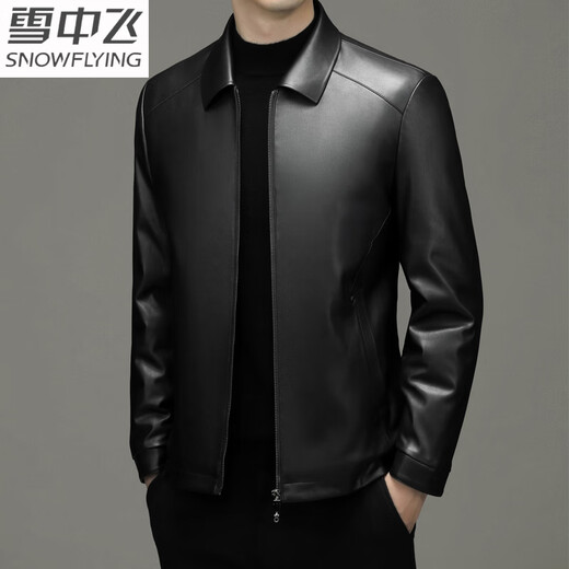 Flying in the Snow 2024 Winter New Style Fashionable Leather Down Jacket Men's Middle-aged Short Warm Motorcycle Jacket Jacket Leather Clothing Trend Black 170/88A