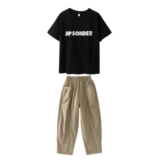 Ikano I.Karnow Boy Cool Summer Suit 2025 Pantalones de manga corta de moda para niños Big Children Summer Internet Celebrity Street Street Clothing 9767 Negro + 5798 Caki [traje frío y fresco] 170