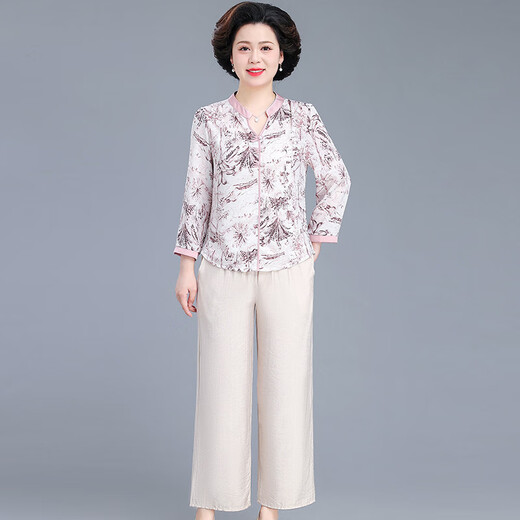 姿伟祺妈妈春夏装洋气小衫新中式国风恤中老年女装春装长袖上衣母亲节 A9892粉色-上衣 XL 建议105斤以下
