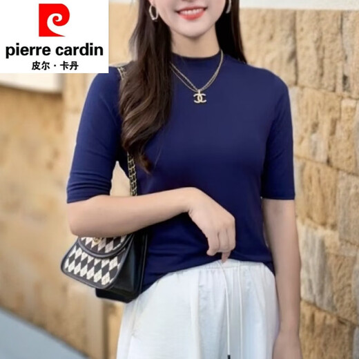 皮尔卡丹（pierre cardin）2025春夏修身显瘦T恤女经典百搭洋气纯色白色打底衫内搭上衣针织 3888黑色(中 袖) M (建议90-102斤)