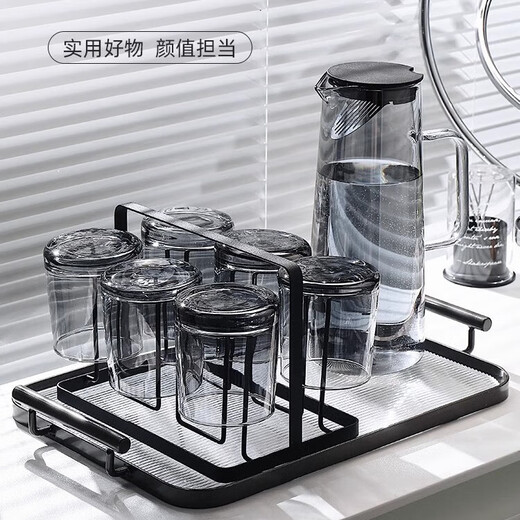 MIDOC high-end glass home drinking cup family cup living room heat-resistant tea cup hospitality cup set 6 ash straight cups + ash straight pot + black frame + black plate