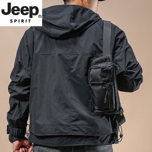JEEP SPIRIT Jacket Men's Spring and Autumn 2025 New Fashion Brand Workwear Hooded Jacket Men's Loose Versatile Outdoor Windproof Jacket Black Recommended 130-150Jin Jin equals 0.5 kg XL