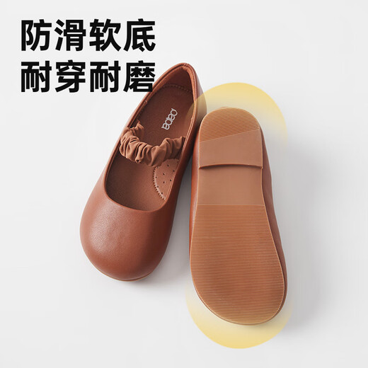 Papa crawl autumn new children's small leather shoes girls glossy round toe waterproof non-slip soft bottom breathable brown size 26