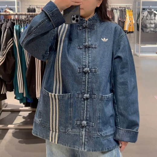 阿迪达斯 （adidas）三叶草外套男女装春季蛇年新年款新中式盘扣牛仔运动宽松夹克外套 JZ9928/牛仔蓝 L