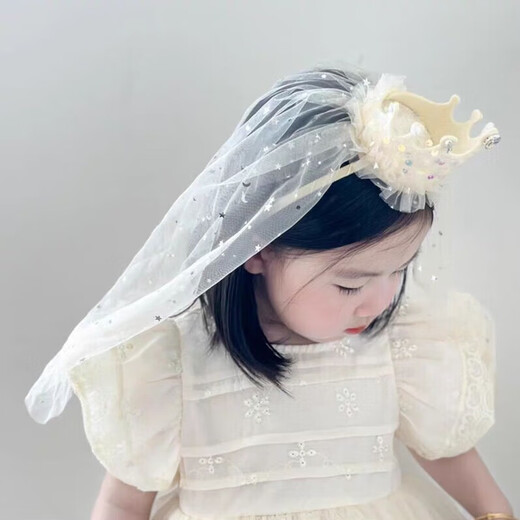 Birthday tiara crown children's tiara children's veil birthday tiara girls birthday headband birthday hat high-end beige crown floating gauze headband