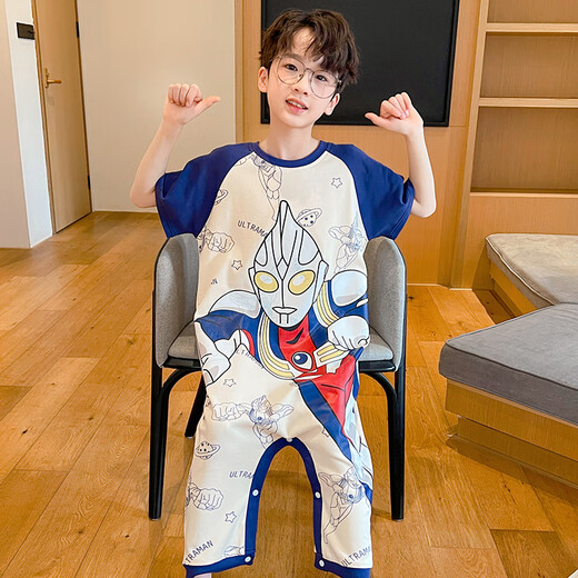 男童睡袋奥特曼儿童睡衣夏季纯棉短袖宝宝连体衣薄款防踢被家居服 JY9921迪迦奥特曼 90 小童6码身高80-90cm30斤内
