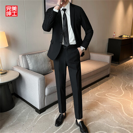 西服外套男轻熟风高级感修身单西休闲商务正装职业加大码伴郎西装 (单件装)黑色西装外套 XL 码140-155斤