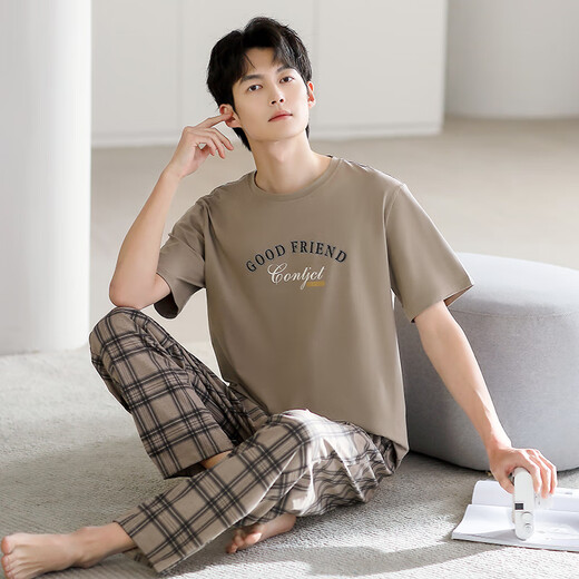 兰缪 (LAMIU)睡衣男款男士夏季纯棉2025新款短袖夏款三件套装韵家居服夏天 LJF6621乌羽色条纹 XL