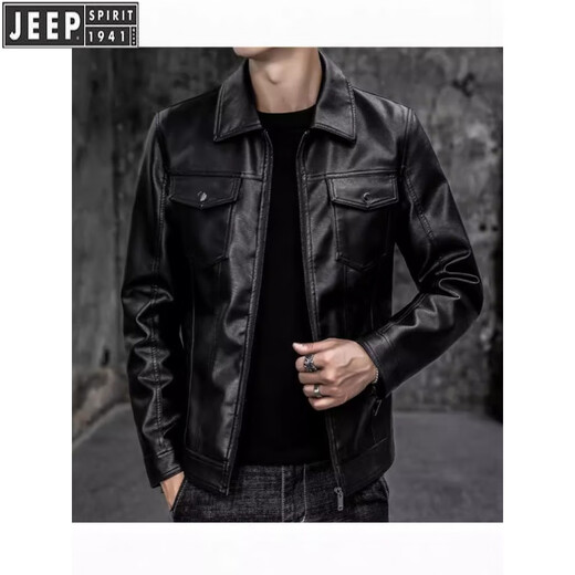 JEEP SPIRIT autumn and winter new men's quilted casual leather jacket men's motorcycle jacket slim fit Korean style lapel men's PU leather jacket black (model) plus velvet XL (suitable for 135-150 Jin Jin equals 0.5 kg)