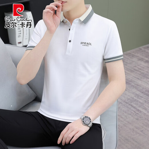 皮尔卡丹夏季短袖t恤男装潮流翻领POLO.衫纯色棉质冰丝有领T恤上衣潮 724#白色 XL (建议125-140斤)