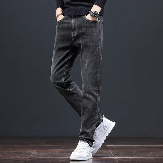 Cotton jeans for men straight slim fit 2025 new fashion brand autumn and winter plus velvet high-end men's casual long trousers spring and autumn 826 black regular 32
