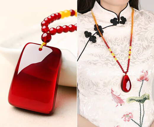 Shuque natural blood amber water droplet pendant bead chain for men and women Ping An Wu Shi brand necklace raw stone amber lanyard sweater chain Blood amber Wu Shi brand lanyard style