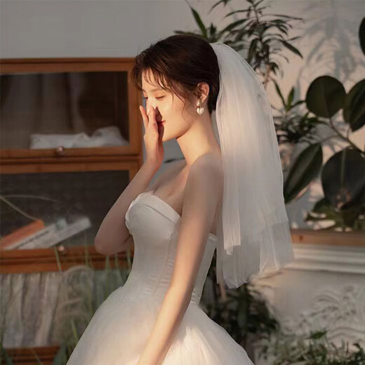 TaTanice 头纱领证登记求婚头饰新娘婚纱装饰结婚拍照道具 双层素纱带发梳