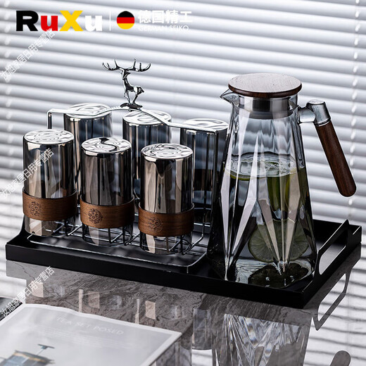 ROWILUX glass water cup, living room cup, household drinking water, high-looking water cup set, light luxury, hospitality-resistant, smoked green wood ring glass cup 200mlx6