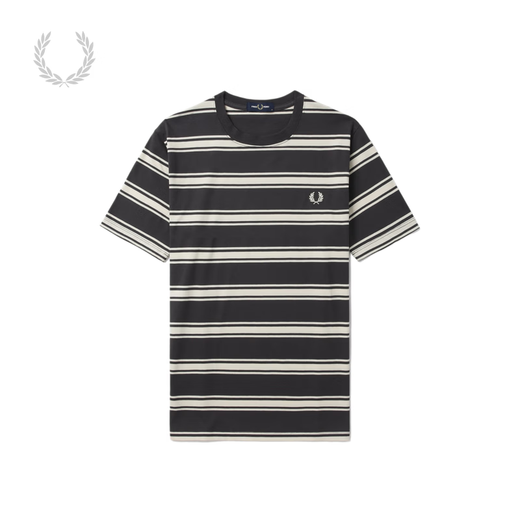 Fred Perry Herren Casual T-Shirt 2025 Sommer neu gestreifte Bildschirme Weizenohr Kurzarm Trend M9851 CCX/Dunkelgrau L.