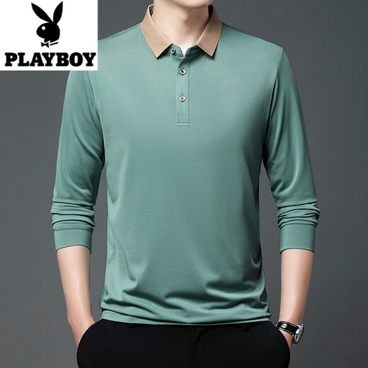 花花公子（PLAYBOY）男士长袖t恤冰丝光棉翻领薄款2025春秋季新款中年爸爸装纯色T恤 F15816黑色 175/115/52135-155斤 XL
