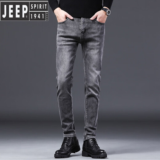 Jeep Spirit Smoke Grey High-End-Herren Jeans plus Samtmarke Herbst und Winter Neue elastische kleine Füße Schlankes verdickte warme Hose 1049 Ash 28