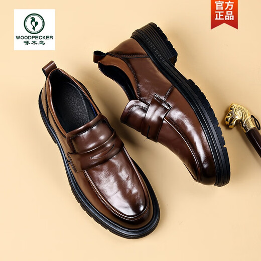 Woodpecker Men's Shoes Genuine Leather Spring Business Formal Casual Shoes One-Piece British Style Toe-Layer Cowhide Beanie Shoes Large Toe Shoes Brown 41