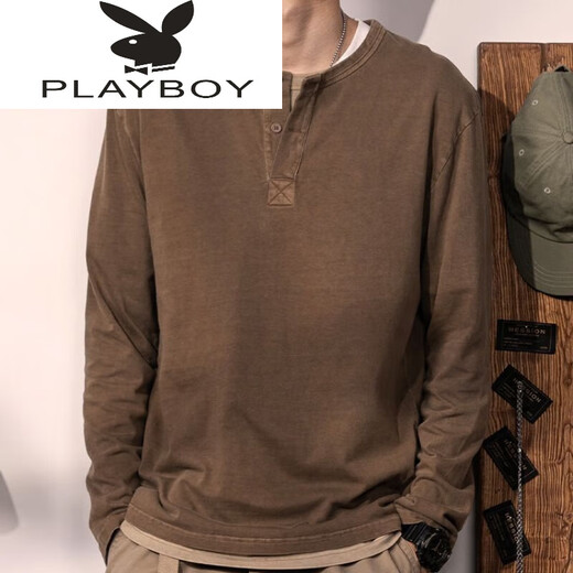 Playboy (PLAYBOY) tough guy T-shirt for young and middle-aged men, autumn and winter retro henley shirt, washed and distressed long-sleeved solid color coffee bottoming shirt, coffee, light M, reference 110~137Jin Jin is equal to 0.5 kg