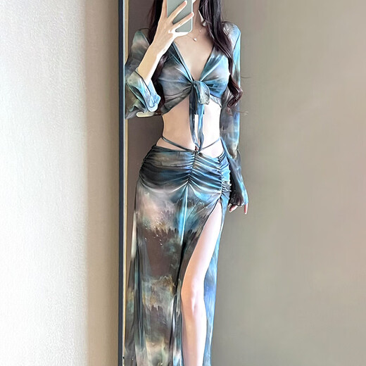 斤慕比基尼泳衣女2025新款分体四件套长裙性感欧美修身显瘦泡温泉度假 扎染墨蓝均码【建议80-118斤】