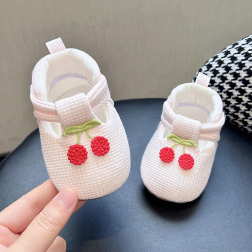Midur newborn baby shoes that won't fall off at the age of one month, autumn baby girl's baby shoes, pure cotton soft sole toddler princess shoes, white (T-shaped soft shoes-green branch cherry) 12 M, inner length 12cm, recommended for 6-12 months