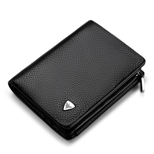 WILLIAMPOLO Empereur Paul Porte-cartes de permis de conduire à trois volets en cuir de vache première couche pour hommes Boucle multi-fentes Court Porte-monnaie vertical Motif Litchi noir Original avec comptoir Boîte-cadeau (Portefeuille) Version brosse antivol