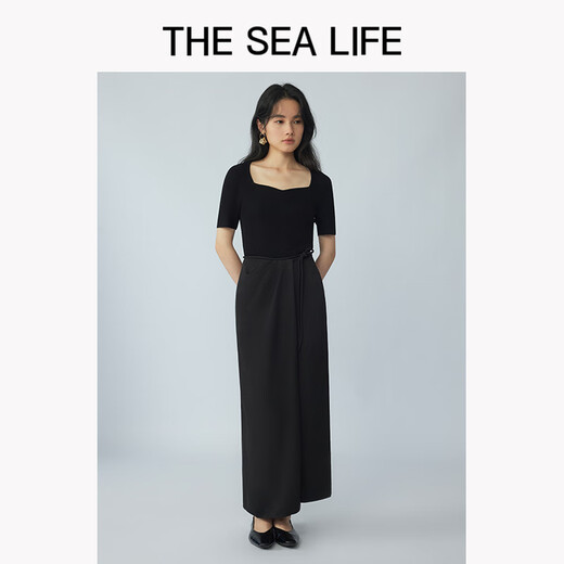 THE SEA LIFE半裙女欧海一生 冰丝半身裙2025春开衩松紧腰黑色长裙XC15265 黑法师 XL
