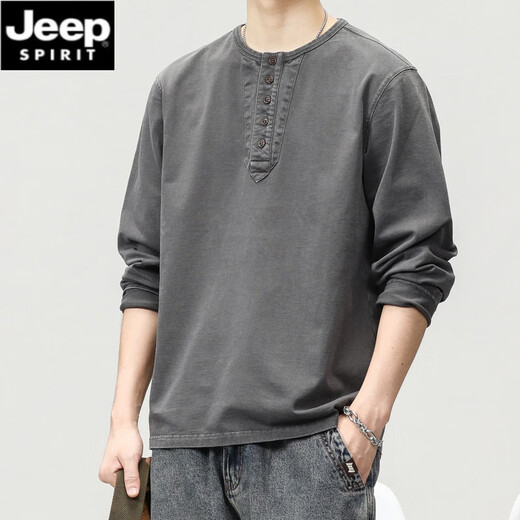 JEEP SPIRIT American retro round neck long-sleeved T-shirt men's spring and autumn heavyweight cotton sweatshirt loose trendy brand Henry collar bottoming shirt Mocha brown 2XL suitable for 160-180Jin Jin equals 0.5 kg