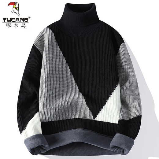 Specht (Tucano) Rollkragenpullover-Pullover für Männer im Herbst und Winter plus samtiger Dicker-Basis-Strick-Pullover Trendy Brandkontrastierende Farbe Lazy Style warmer Sweater 10719-WE6227R GRAUS PLUS STER SELT S 165/80A (ca. 90-110Jin [Jin Equals 0,5 kg]