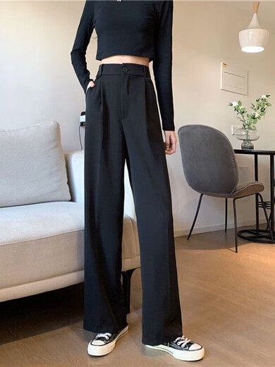 FHHUABD黑色西装裤女春秋薄款韩版高腰垂感显瘦直筒宽松阔腿拖地休闲 1047#黑色一纽扣款 均码 s建议94斤内穿