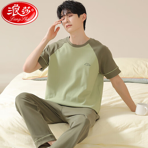 LangSha men's pajamas men's spring and summer pure cotton short-sleeved trousers thin summer teenagers home wear set can be worn outside f-13603 L