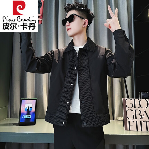 Pierre Cardin (pierre cardin) design stitching jacket men's spring and autumn handsome lapel jacket 2025 new men's autumn short top brown L recommended 115-130 Jin Jin equals 0.5 kg