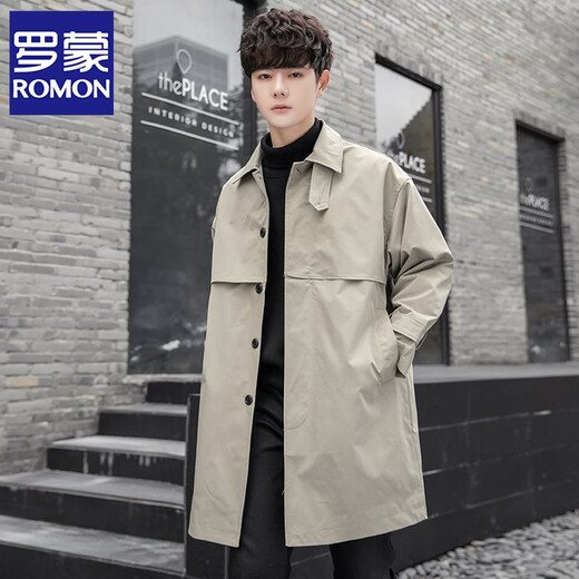 ROMON mid-length windbreaker men's autumn and winter new lapel loose coat men's light and mature British style youth coat men's coat khaki XL
