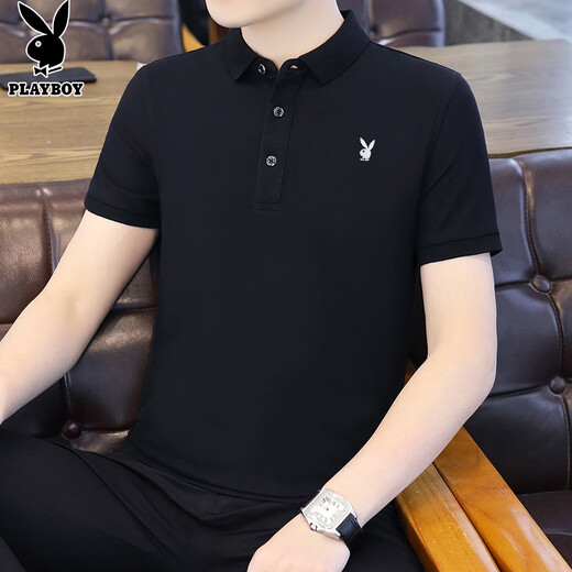Playboy (PLAYBOY) T-shirt men's short-sleeved summer men's polo shirt lapel business casual top high-end men's clothing black XL