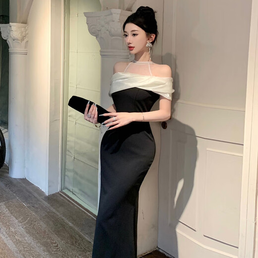 忆静萱（YIJINGXUAN）夜店港味感拼接网纱宴会礼服长裙高腰显身材法式鱼尾包臀连衣裙女 拼色 M 95-105斤