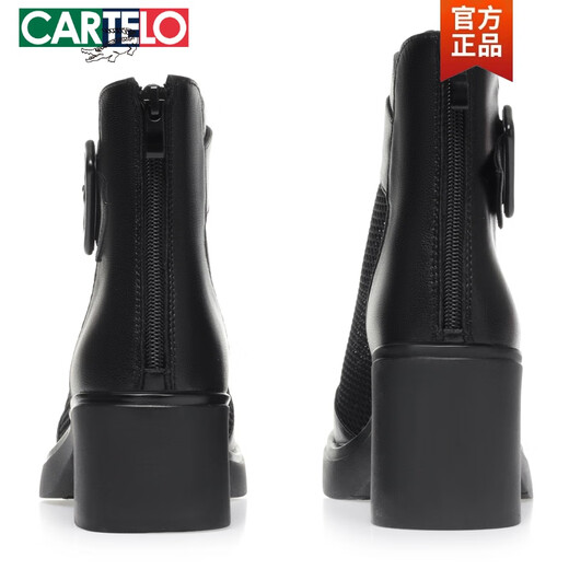 Cartelo printemps et d'été Nouvelles sandales féminines en cuir authentique Martin Martin Bottes courtes pour femmes talons épais femmes bottes simples Toe Hollow Both Boots Mom Le cuir chaussures 8628 Black Medium Heel 5 cm 38