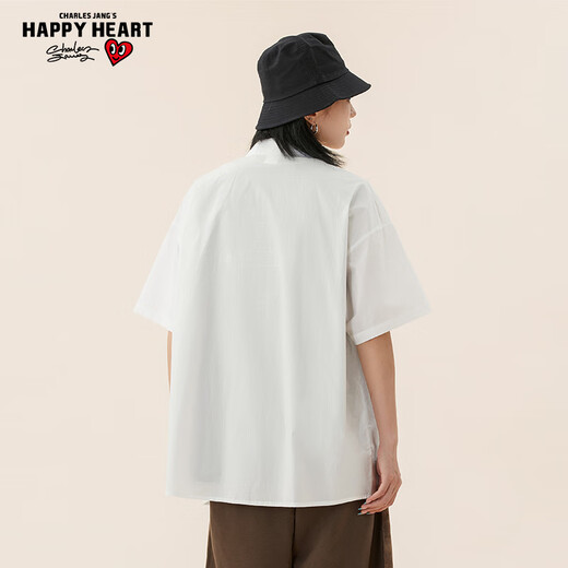 Charles Peach Herz Kurzarm Shirt Herren 2025 Sommer Dünnes Revers Lose Casual Hemd Weiß L.