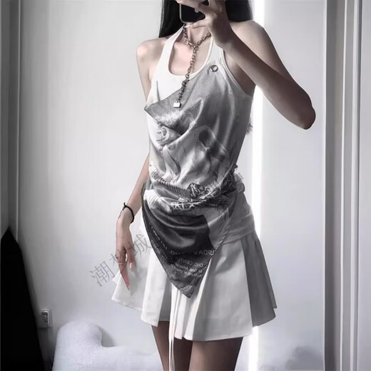 潮梦城美式复古性感辣妹假两件无袖恤女夏季新款紧身外穿古着印花上衣 XZ#9227 白色 XL