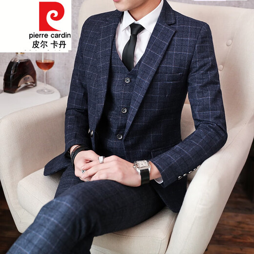 Pierre Cardin Men's Korean Slim Suit Three-piece Groom Wedding Dress Formal Casual Plaid Small Suit Plaid Blue Two-piece Set (Top and Pants) Free Belt 4XL 35 (155-162Jin Jin is equal to 0.5kg)
