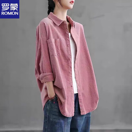 ROMON 2026 Literary Retro Corduroy Long Sleeve Shirt Women's Outerwear Versatile Casual Shirt New Autumn Velvet Top Pink M Recommended 90-110Jin Jin equals 0.5 kg
