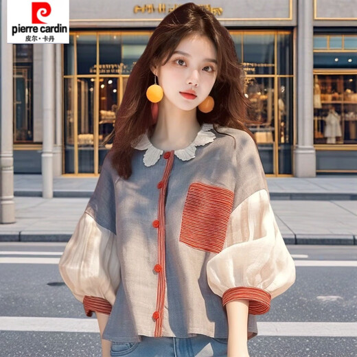 Pierre Cardin 2026 early autumn new shirt niche chic age-reducing blue lantern long-sleeved top picture color L