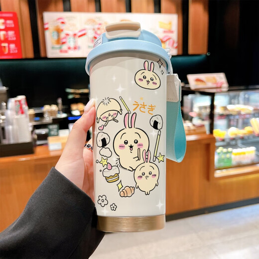 Libete (lebete) Usaqi thermos cup for students with straw large capacity car water cup coffee portable double drink cup high appearance - with lanyard [green and white] - painted 520ml BXAB10975 Jiyika