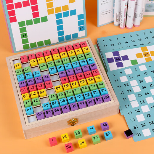 SEMALAM Tableau de Centaines Magnétique Montessori Pensée Mathématique Aides Pédagogiques Illumination Éducation Précoce Jouet pour Enfants Maternelle Reconnaissance des Numéros Tableau de Centaines Magnétique Modèle de Boîte en Bois (66 Cartes de Questions)