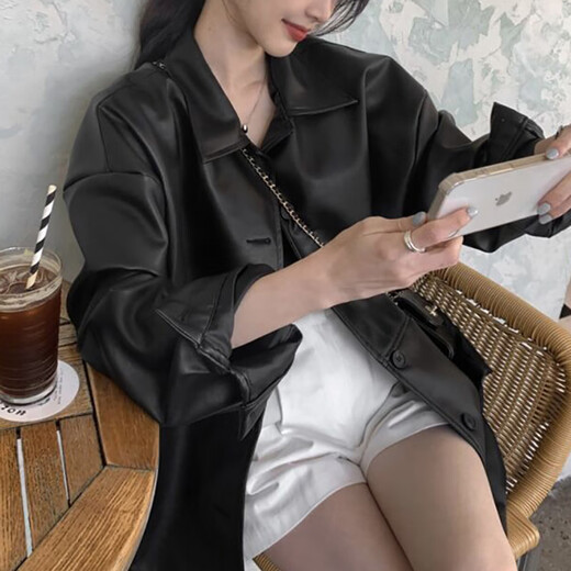 天丂韩式黑色皮衣衬衫女早春宽松百搭仿皮衣夹克外套设计感polo领上衣 黑色M【建议105斤以下】