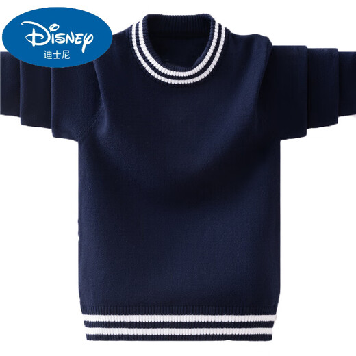 迪士尼（Disney）男童毛衣2025棉打底衫中大童洋气韩版套头圆领儿童羊毛衫针织 藏青色. 加厚一体绒 160 cm