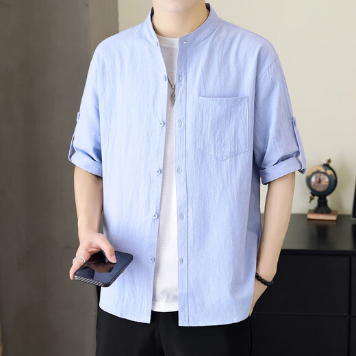 Yaoxin Henry collar cotton and linen long-sleeved shirt men's spring and autumn men's early autumn casual shirt short-sleeved inch shirt 2025 new style CS8K02 mid-sleeve green M 90110Jin Jin is equal to 0.5 kg