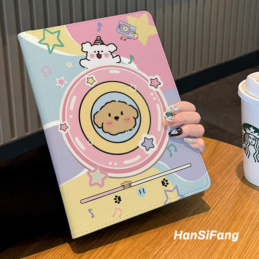 
Other family line puppy ipad9 protective case 2024 Air6 rotating leather case pro11 pen slot sticker 8/9/10 generation anti-fall ipad 8 generation 2020 [10.2 inches] rotating leather case [V3527 listening to music line dog] + pen slot sticker