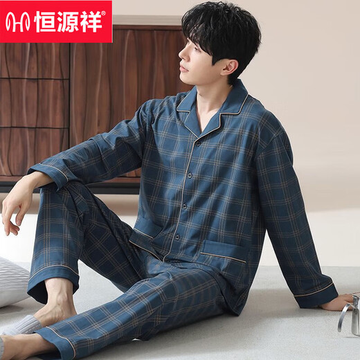 Hengyuanxiang cotton pajamas men's spring and autumn long-sleeved lapel loose plus size can be worn on the outside for men's home clothing set OMM12004 2XL [140-160Jin[Jin equals 0.5 kg]]