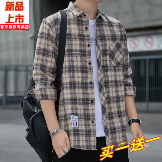 稻草人格子休闲衬衫男士春秋季长袖衬衣韩式上衣服复古宽松夏季薄款外套 K12111黄蓝色 均码 M90-110斤