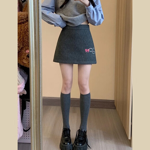 Miao Yijia Skirt Winter Skirt Women's Woolen Gray Short Skirt A-Line Skirt 2025 New Women's Hip Skirt Winter Skirt Gray Woolen Skirt L Recommendation 105-115Jin Jin equals 0.5 kg